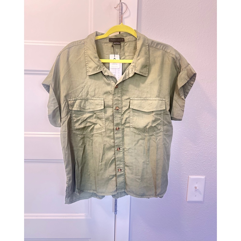 Sanctuary So Cal Button Down Shirt Olive Green Utility Short Sleeve NWT Size L - Picture 5 of 8